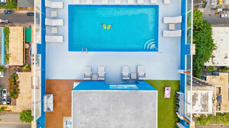 The image shows an aerial view of a rooftop pool area with loungers and a butterfly design in the pool's center.