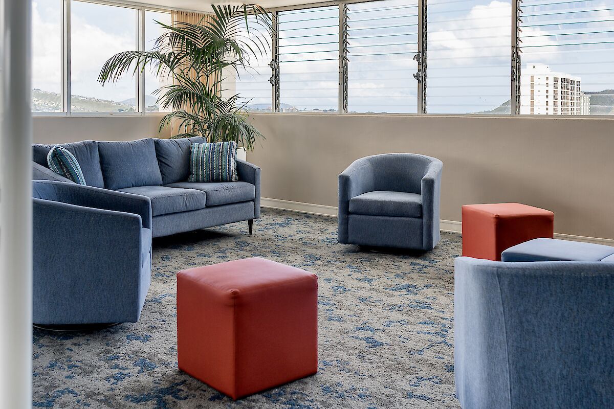 A modern lounge with blue seating, red ottomans, a grey carpet, large windows, and a potted plant, creating a bright and inviting space.